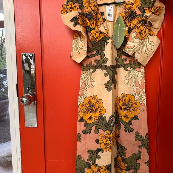 FARM Rio Crème delicate flower arabesque Euroflax ™ premium Linen Midi Dress - Picture 2 of 6